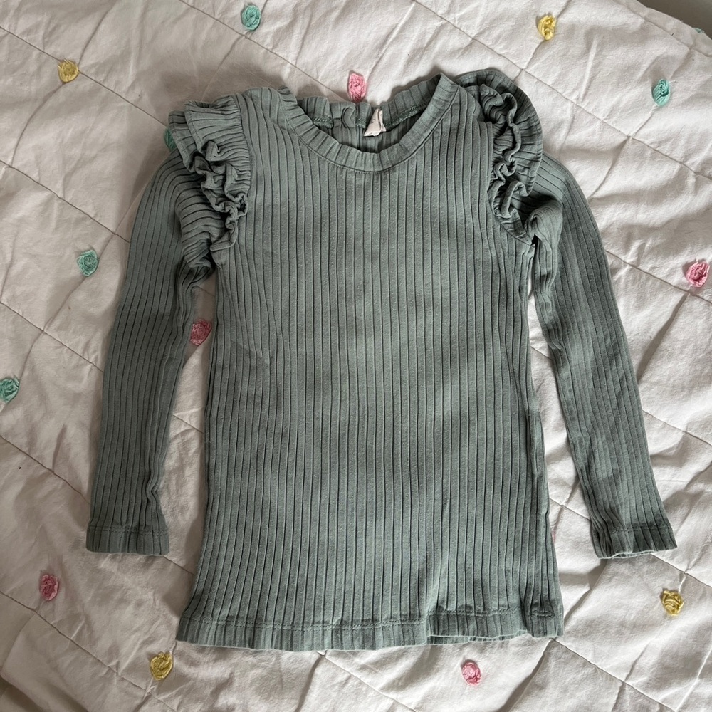 kate quinn Sage Green Ribbed Long-Sleeve Top with Ruffle Shoulders